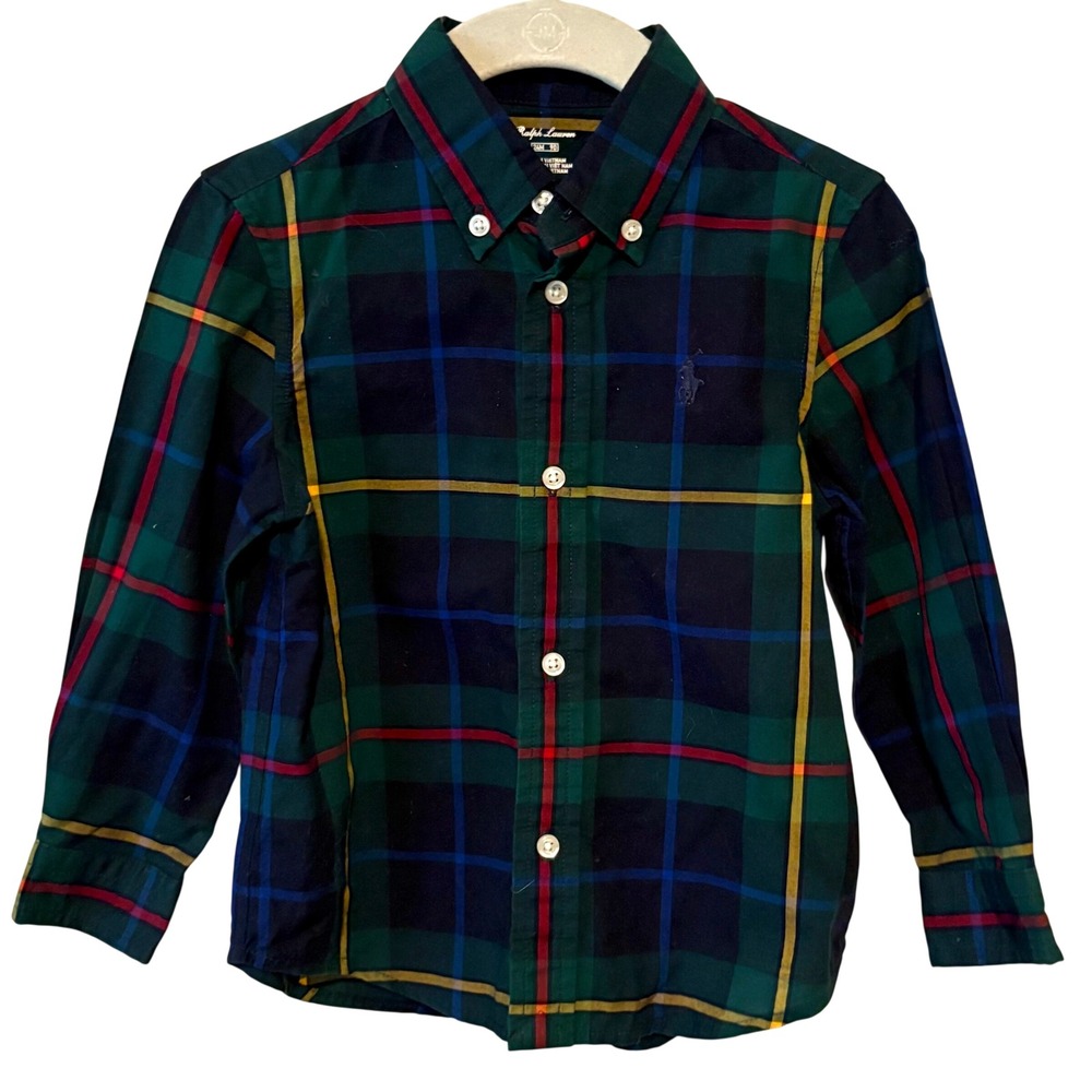 Ralph Lauren Boy's Green Plaid Cotton Button Down Shirt in Size 24 Months